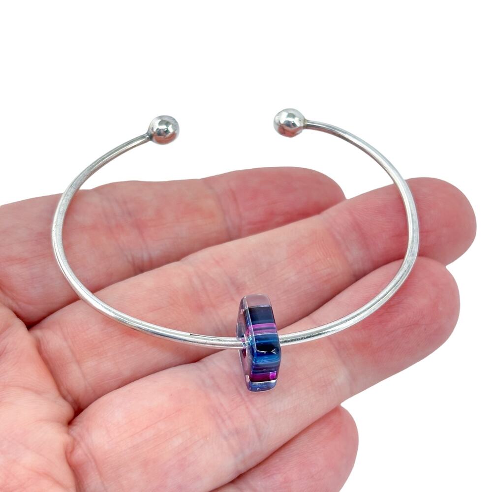 Vintage Sterling Silver 925 Purple Glass Charm Ball Tip Cuff Bracelet | 6.5"